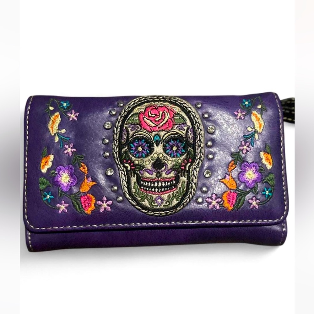 Sugar Skull Embroidered/Rhinestone Embellished  Leather Wristlet/Clutch Wallet